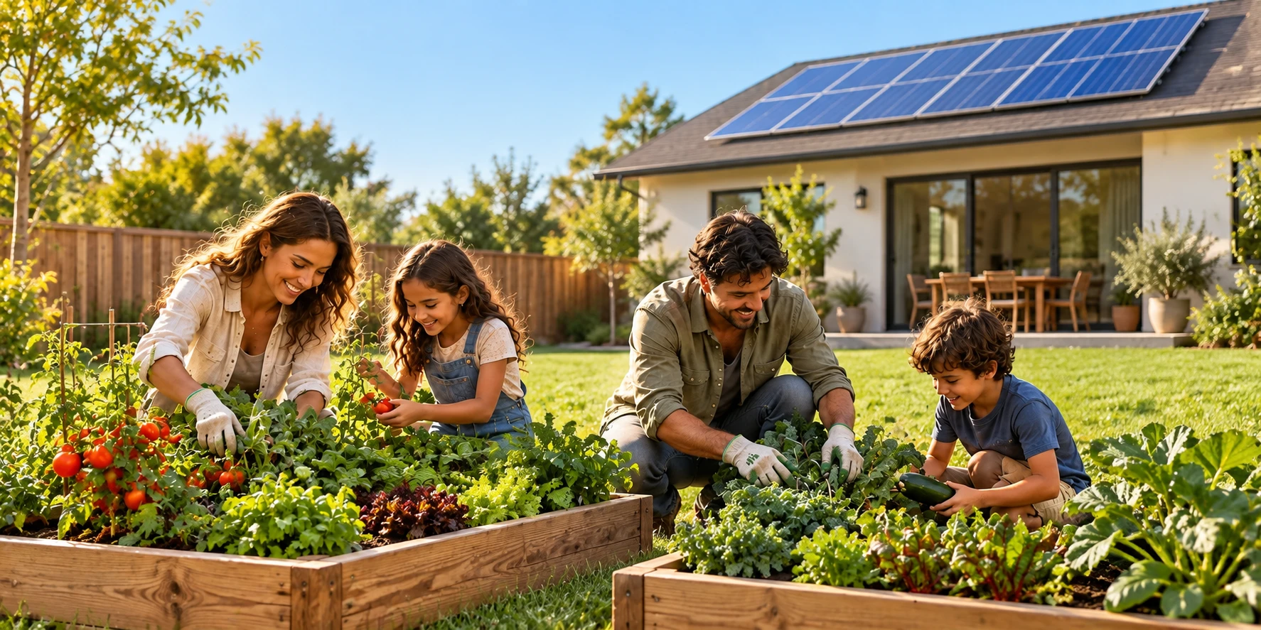 A family growing a thriving vegetable garden in their spacious yard beside an eco-friendly home with rooftop solar panels