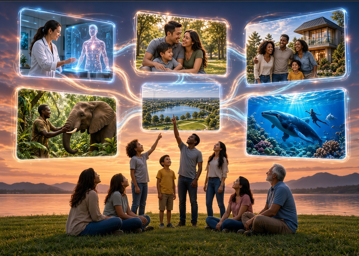 A diverse group gathers beside a lake, imagining connected families, secure homes, green communities, responsible technology, wildlife and thriving oceans