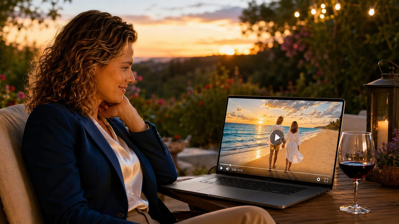 A woman watching a personalized vision of a couple walking hand in hand on a beach at sunset
