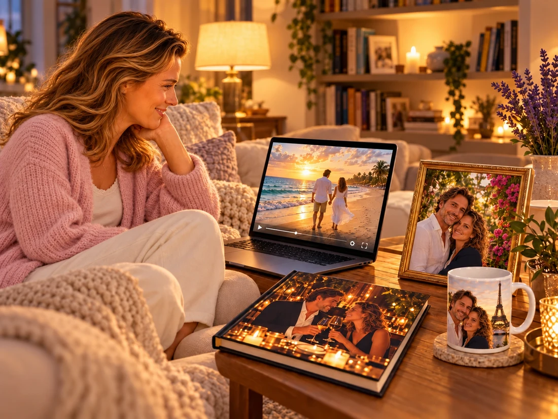 The woman enjoying her reel in a cozy living room: beach video on the laptop, dinner on the book, garden portrait in the frame and Paris on the mug