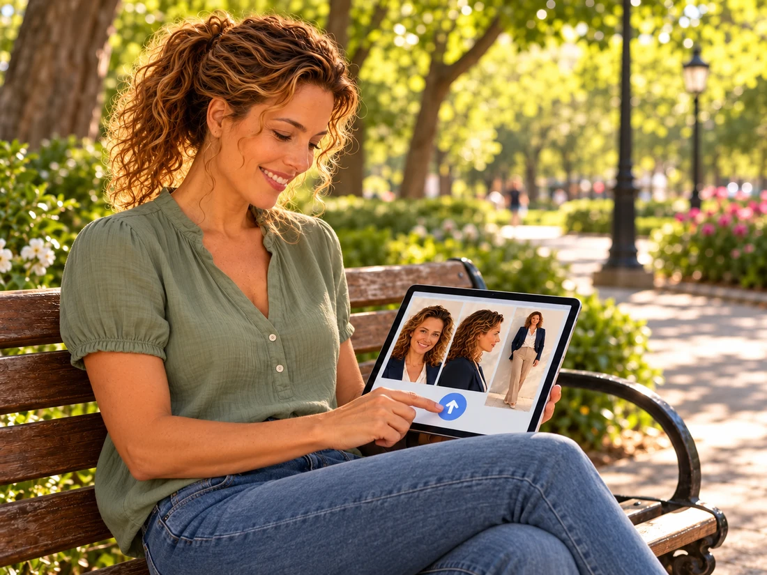 The woman sitting on a park bench uploading front-facing, side-profile and full-body photos from her tablet