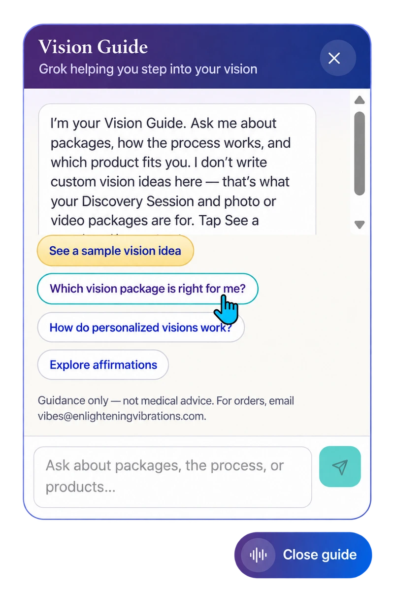 Vision Guide prototype showing questions about vision packages, the process and affirmations
